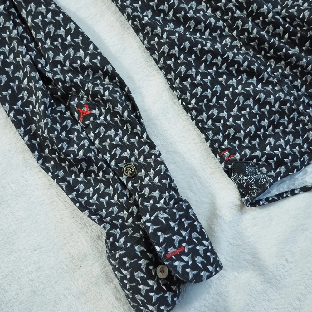 Au Noir Sz 3 (M) Men's Casual Black Patterned Button-Down Shirt 100% Cotton - Picture 4 of 12